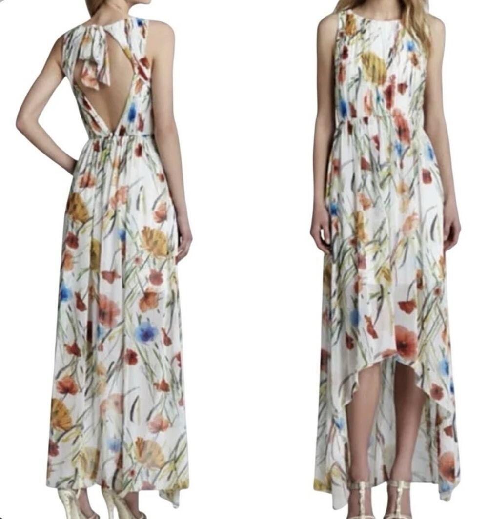 Alice + Olivia Olivia Mel Floral Print Maxi High Low Dress Cream Floral Small